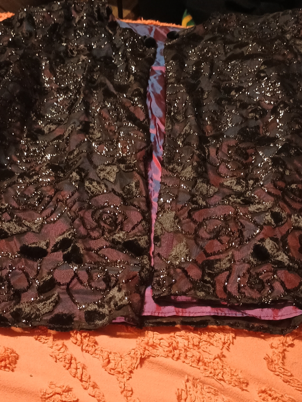 Patra Black Burnout Velvet Floral Jacket with Purple/Maroon Underlay
